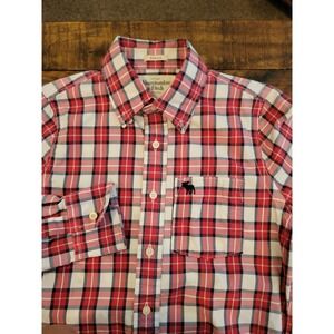 Abercrombie & Fitch Mens Small Muscle Fit Plaid Button Down Shirt Red White Blue